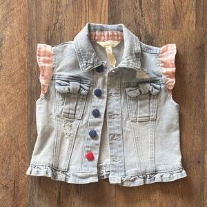 Matilda Jane light wash denim jean vest with red ruffle plaid sleeves size 4